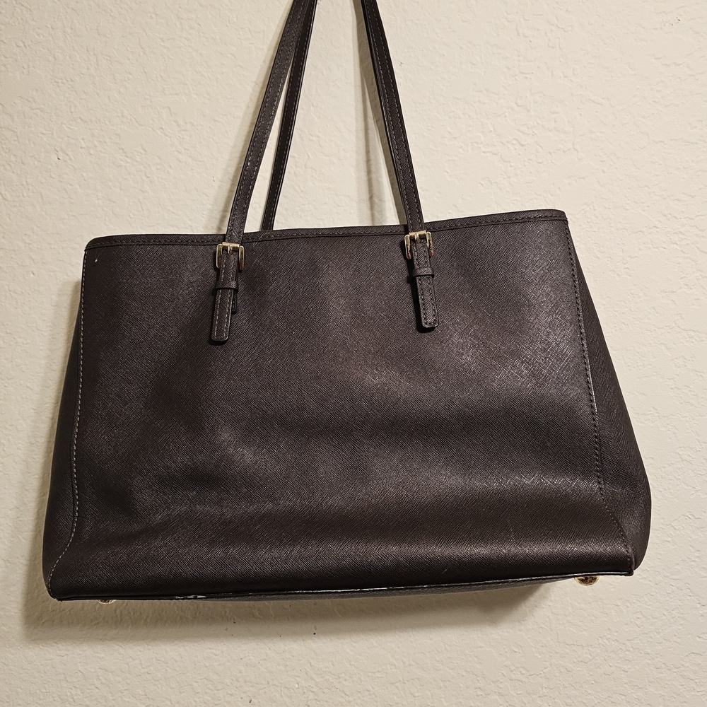Michael Kors Dark Brown Saffiano Leather Tote with Gold Logo Charm - Picture 3 of 9